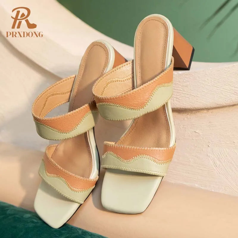 GrabliWorld Women’s Genuine Leather Medium Heel Open Toe Sandals – Summer 2025