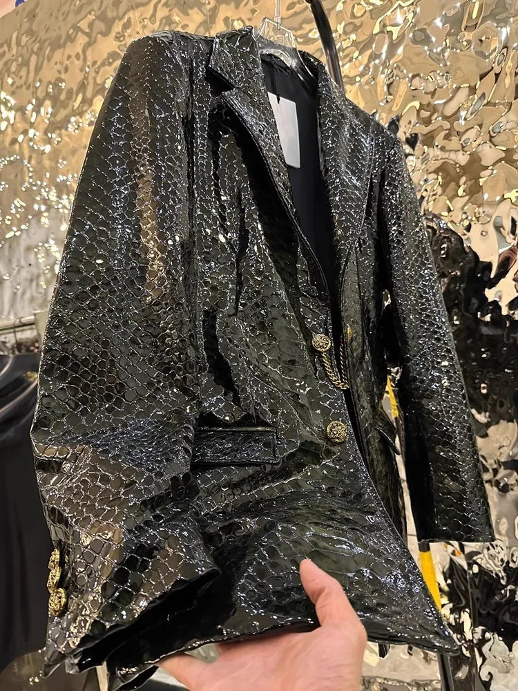 Luxury Mens Genuine Leather Coat Long Sleeve Turn-Down Collar Designer New Fashion Casual Snake Pattern Sheepskin Suit Jacket