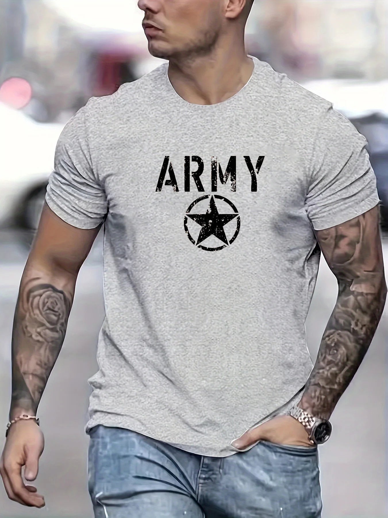 Men's summer 100 cotton fashionable casual loose sports ARMY and five pointed star printed round neck short sleeved T-shirt top