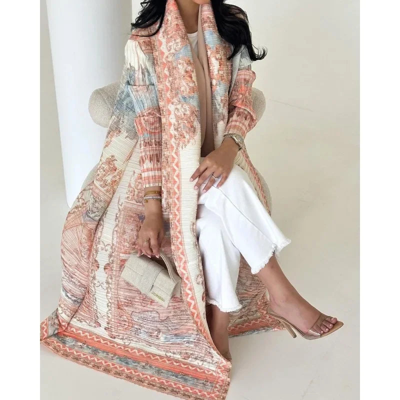 KAF Pleated Women Abaya 2025 Spring Fall New Fashion Retro Printed Cardigan Design Loose Large Size Arab Luxury Robe Female