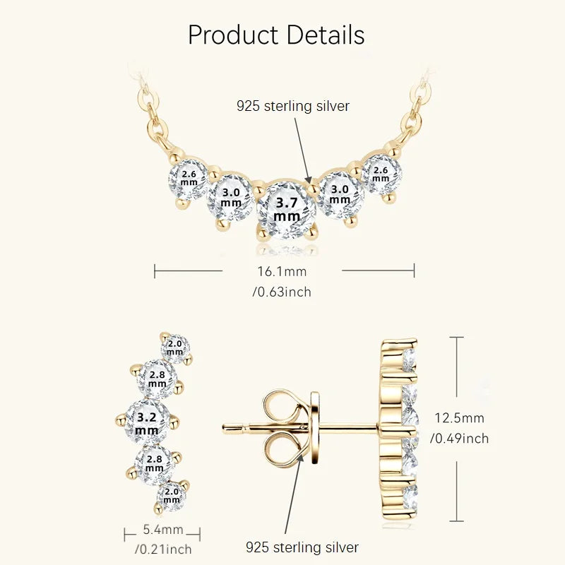 18K Gold Plated 925 Silver Real Moissanite Jewelry Set 5-Stone Smile Pendant Necklace Stud Earrings Sets for Women Christma Gift