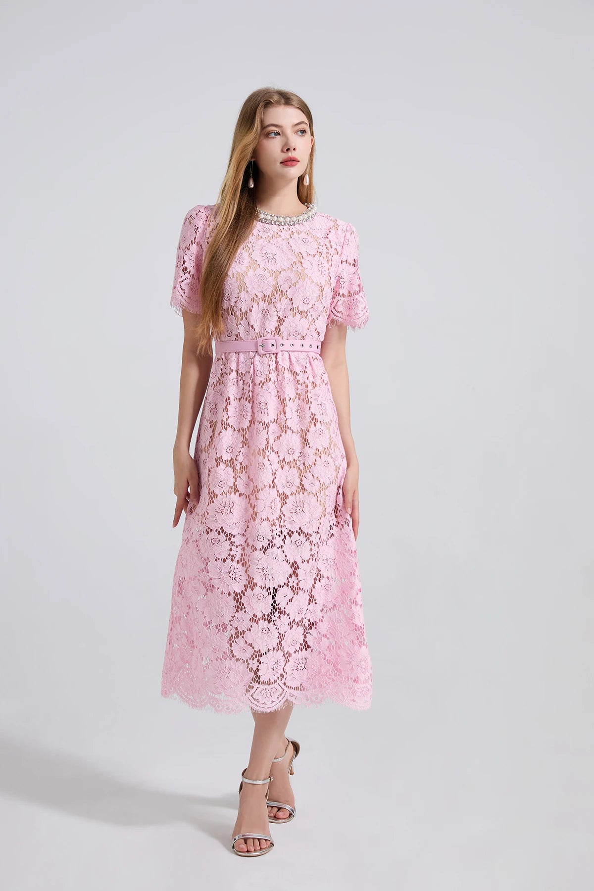 Luxury Eyelash Lace Mid-Calf Party Dress – Women’s Summer Short Sleeve A-Line with Crystal Beading, Hollow-Out Design – Pink Bridesmaid & Prom Gown