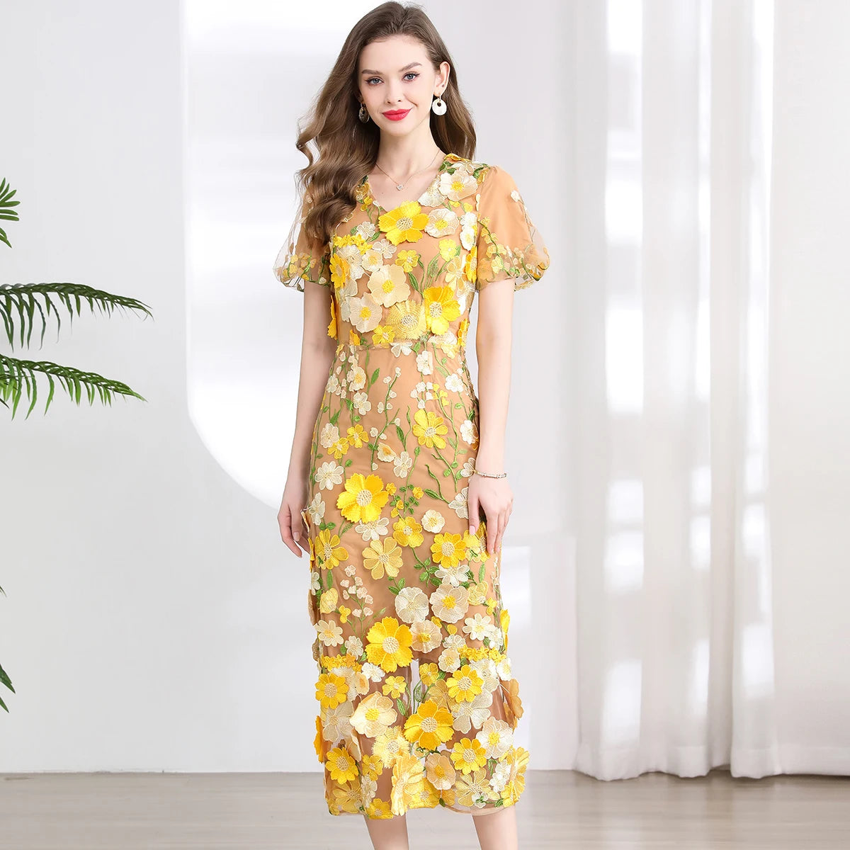 Summer High-end Embroidery Lace Prom Dress Women French Luxury 3D Flower Short Sleeve Long Dress Party Bodycon Holiday Vestido