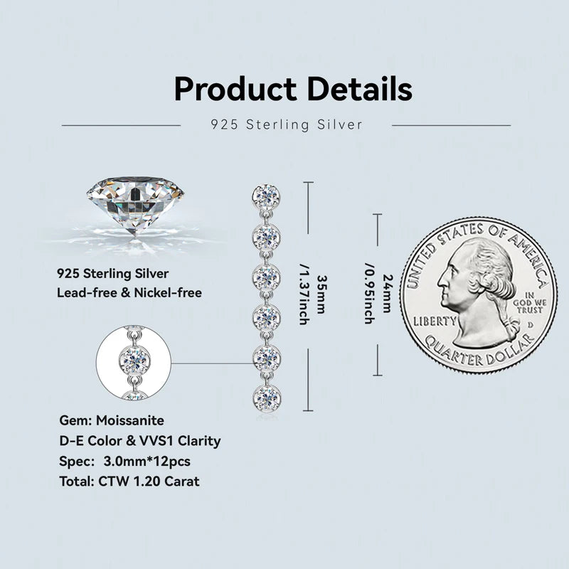 RAPRGOLD VVS1 D Color Round Cut Moissanite Stud Earrings For Women 925 Sterling Silver Tassel Chain Earring Wedding Jewelry Gift