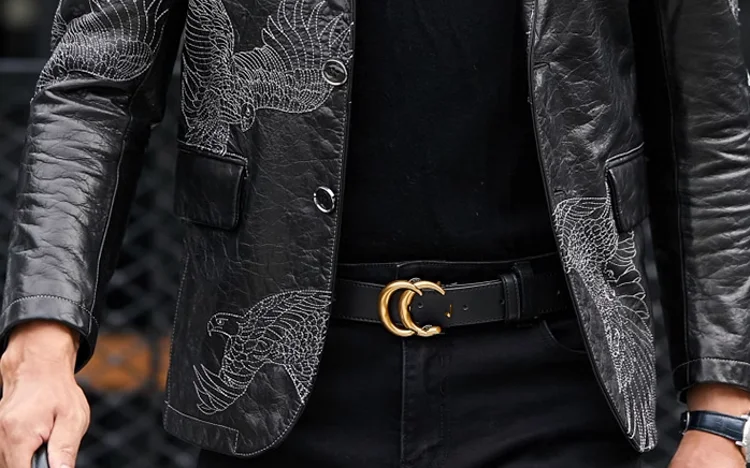 Business Men Fashion Eagle Embroidery Blazer Jacket Slim Fit Work Suit Coat Spring Autumn Natural Cowhide Genuine Leather Jacket