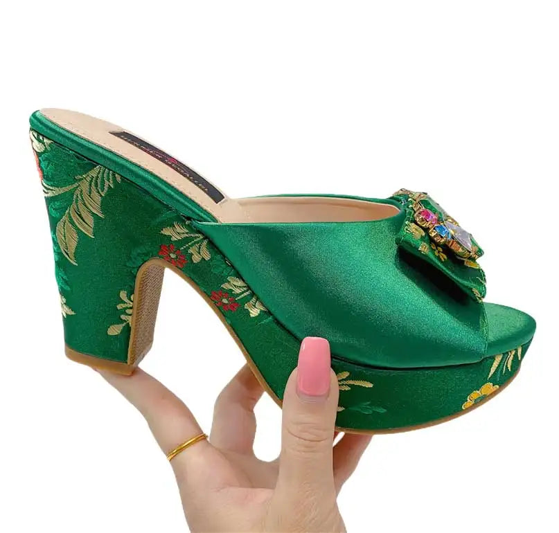 Gladiator Sandals & Bag Set – Green Rhinestone Embroidery, High Heel Party Shoes