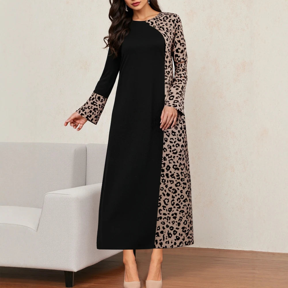 Rafiah Summer Long Dresses 2025 Modest Fashion Leopard Print Patchwork Long Sleeve Crew Neck Midi Shift Dresses For Women