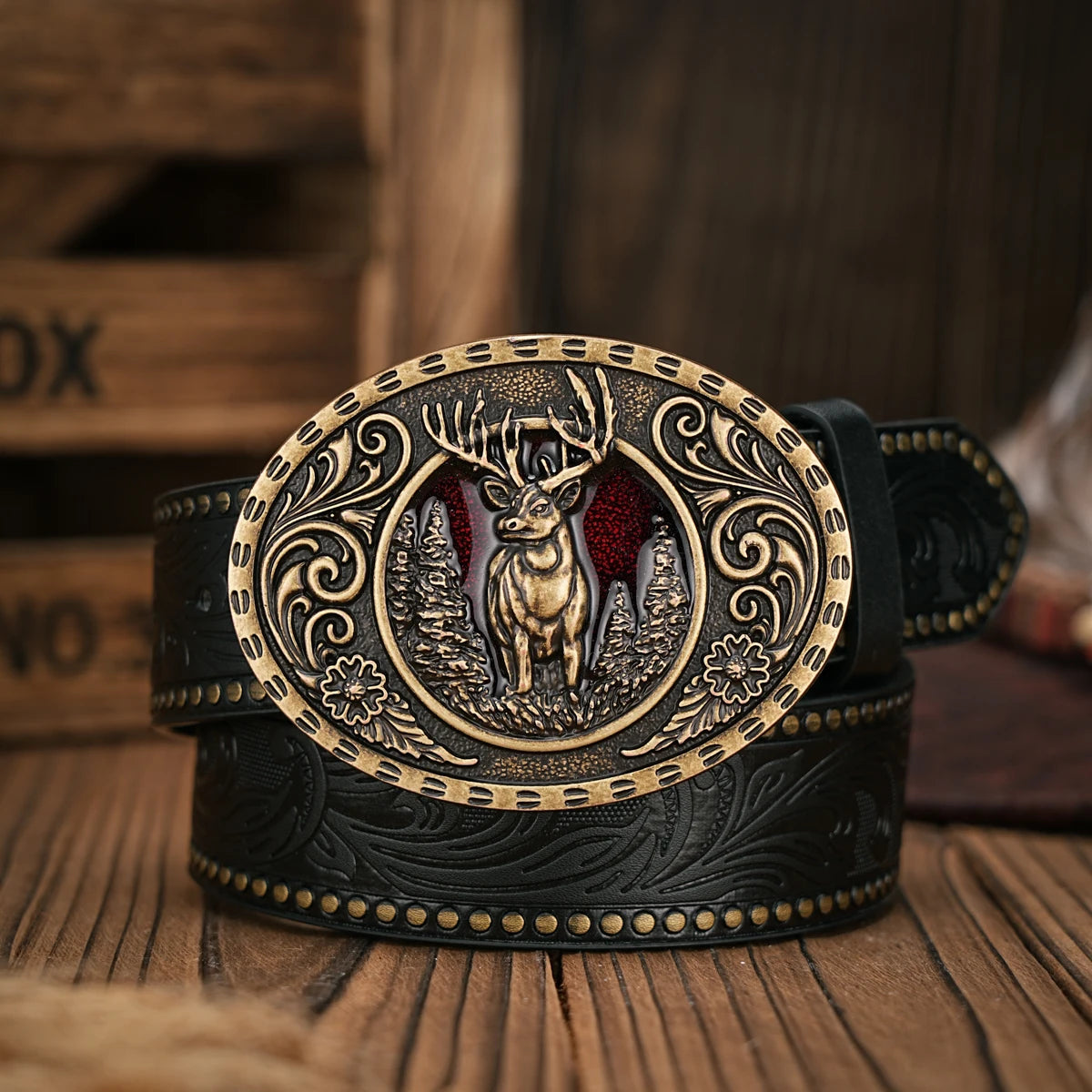 Men - Women - Western Denim - pu leather - Belt - Vintage jeans with floral carved buckle belt