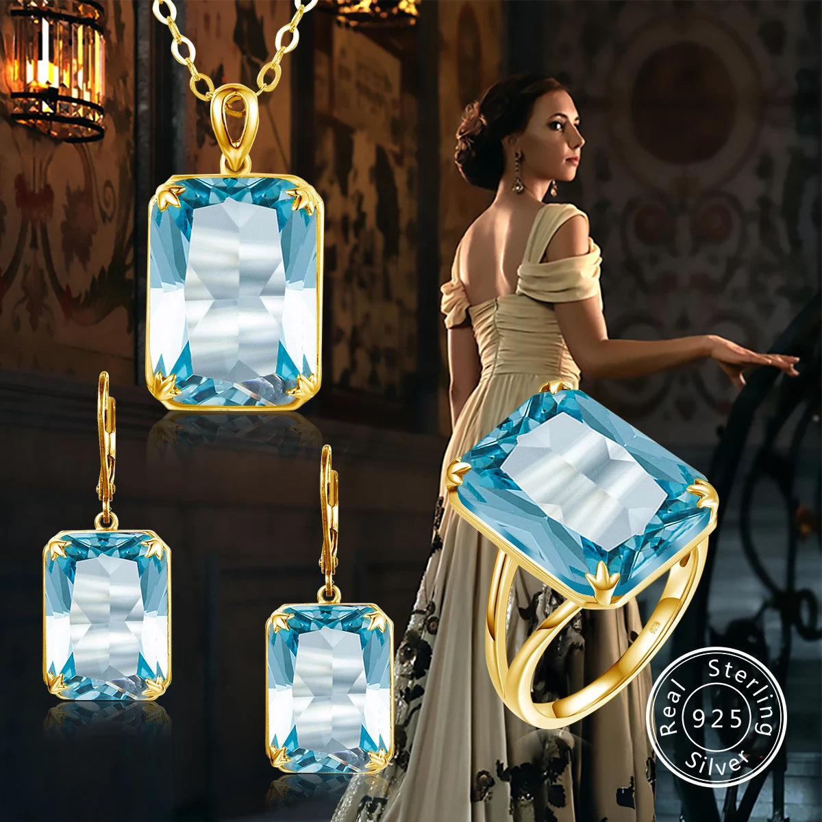Classic Jewelry Sets for Women 18K Gold Plated Aquamarine Ring Earrings Pendant Silver 925 Anniversary Wedding Quality Gifts