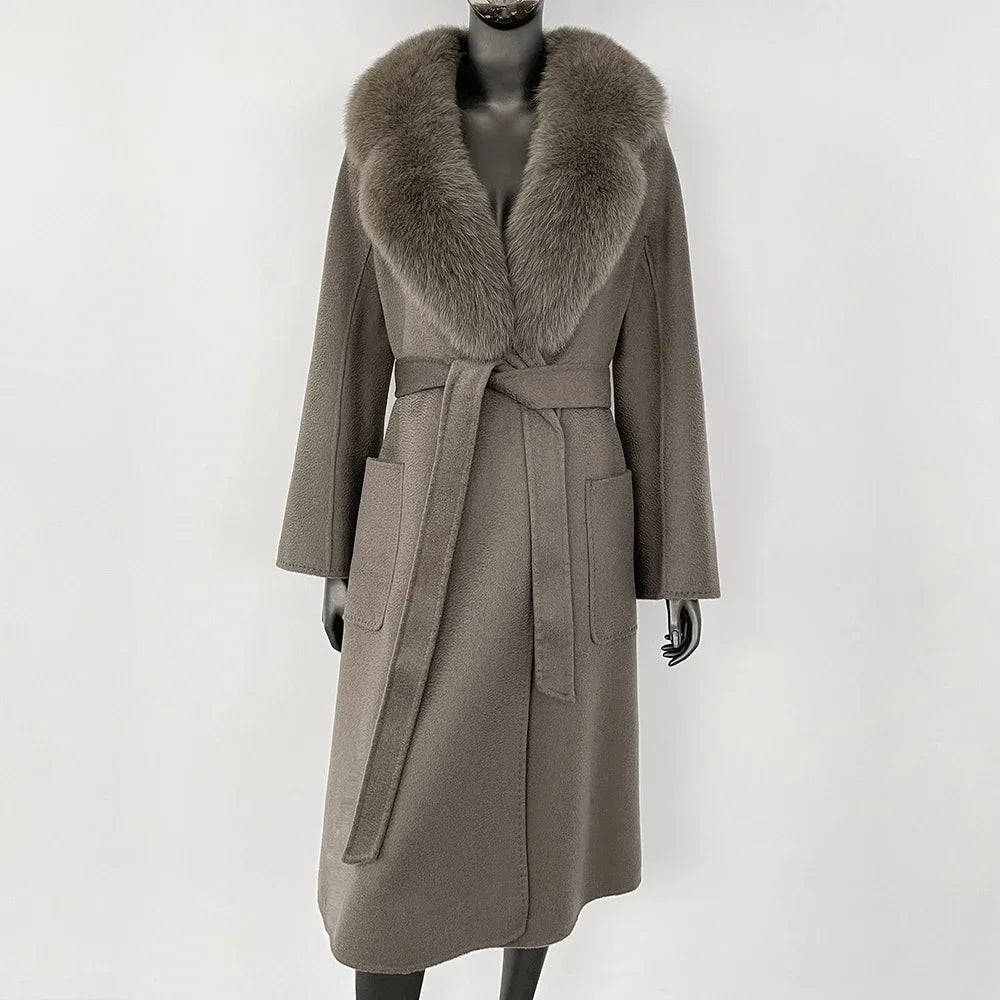 GENHUA 2025 New Casual Fur Coat for Ladies Winter Wool Long Fur Ladies Natural Real Fox Fur Collar Jacket for Ladies Warm Coat