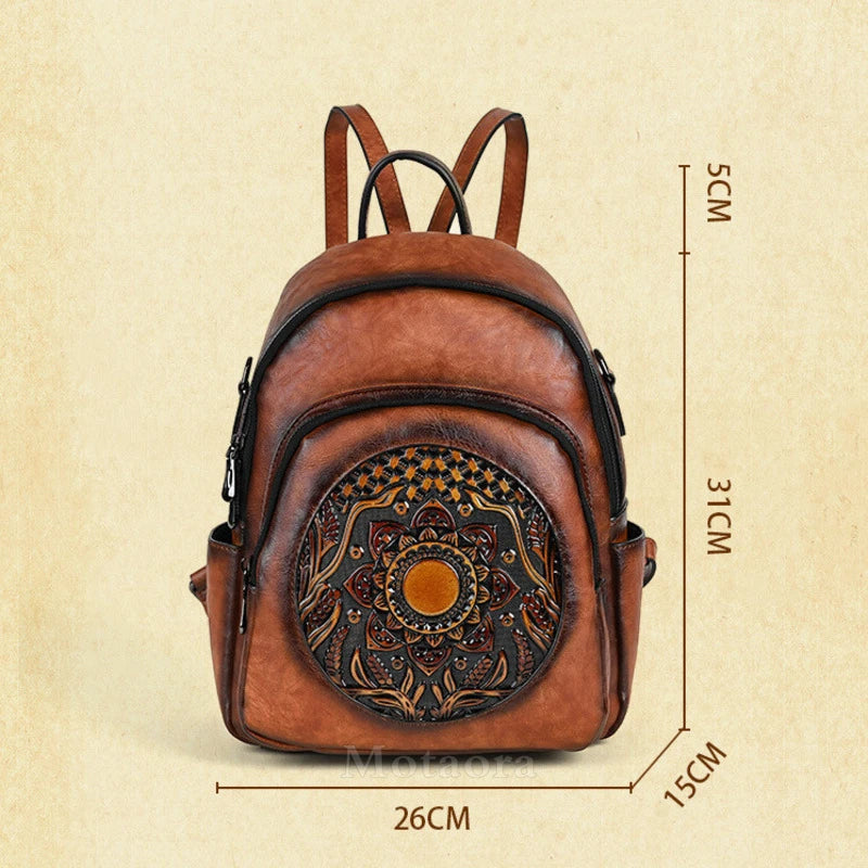 MOTAORA Vintage Leather Backpack Women Large Capacity Embossed Casual Travel Backpack Anti-Theft Waterproof Handbag Purse