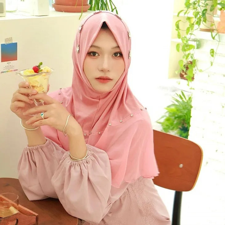 Women's Diamonds Turban One Piece Amira Muslim Hijab Islamic Instant Headwraps Scarf Shawl Dubai Pull On Headband Cap Arab