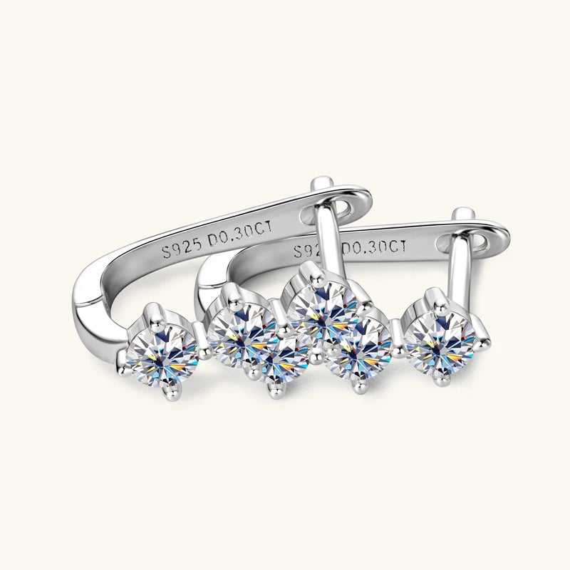 Lnngy Korean INS 3mm Three Stone Moissanite Earrings For Women 925 Sterling Silver U-Shaped Earrings Hoop Pendientes Jewelry
