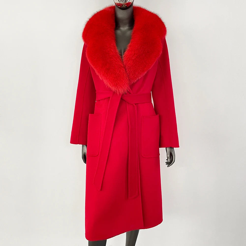 GENHUA 2025 New Casual Fur Coat for Ladies Winter Wool Long Fur Ladies Natural Real Fox Fur Collar Jacket for Ladies Warm Coat