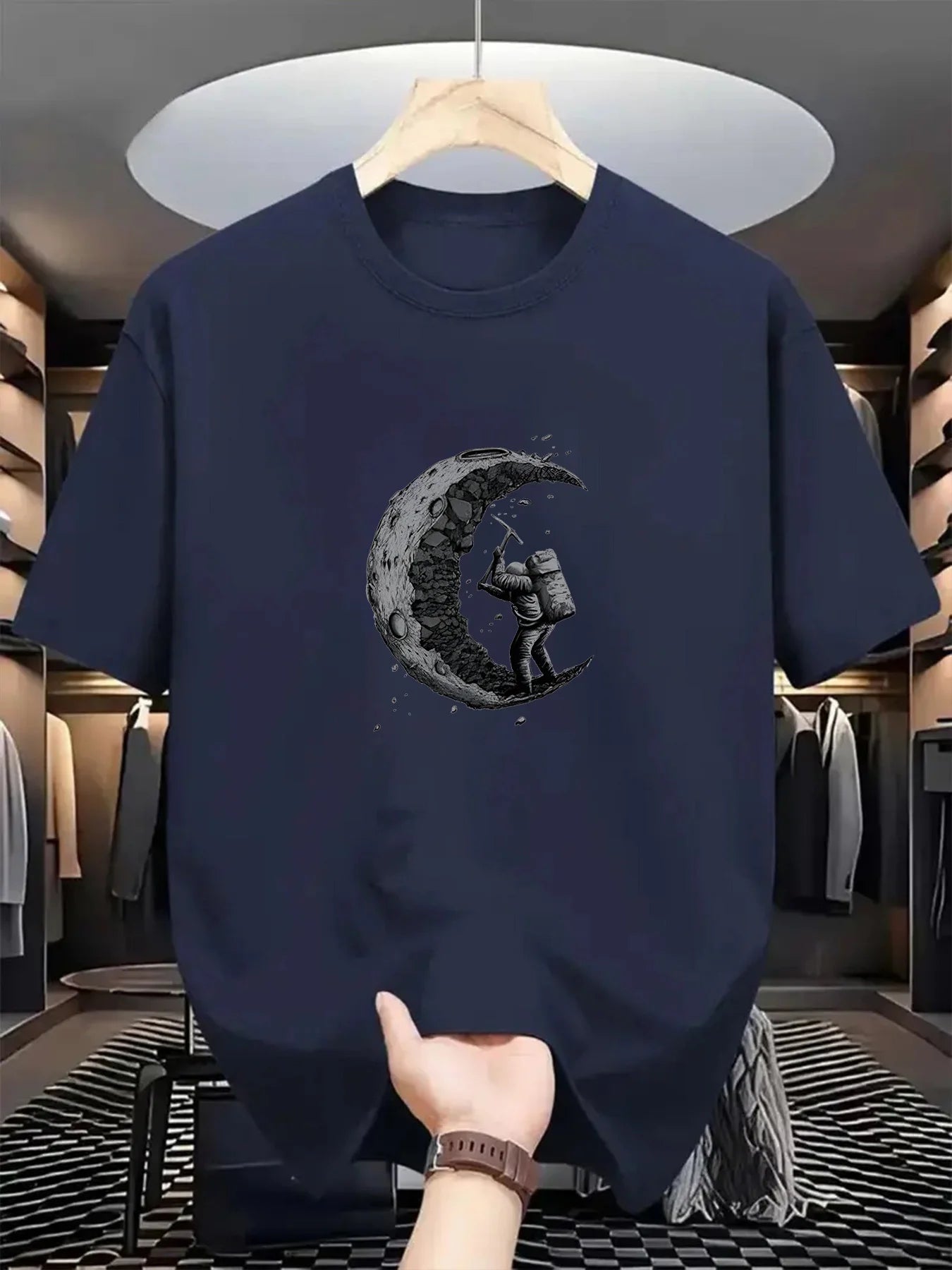 Men's summer 100% cotton π moon shaped planet astronaut π§βπ digging printed casual loose solid color multi-color optional sports round neck short sleeved T-shirt top