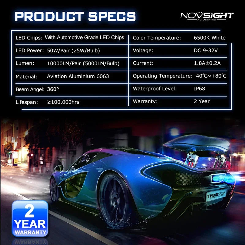 NOVSIGHT Car Headlight H4 Hi/Lo Beam LED H7 H1 H8 H9 H11 9005 9006 50W 10000lm 6500K Auto Headlamp Fog Light Bulbs