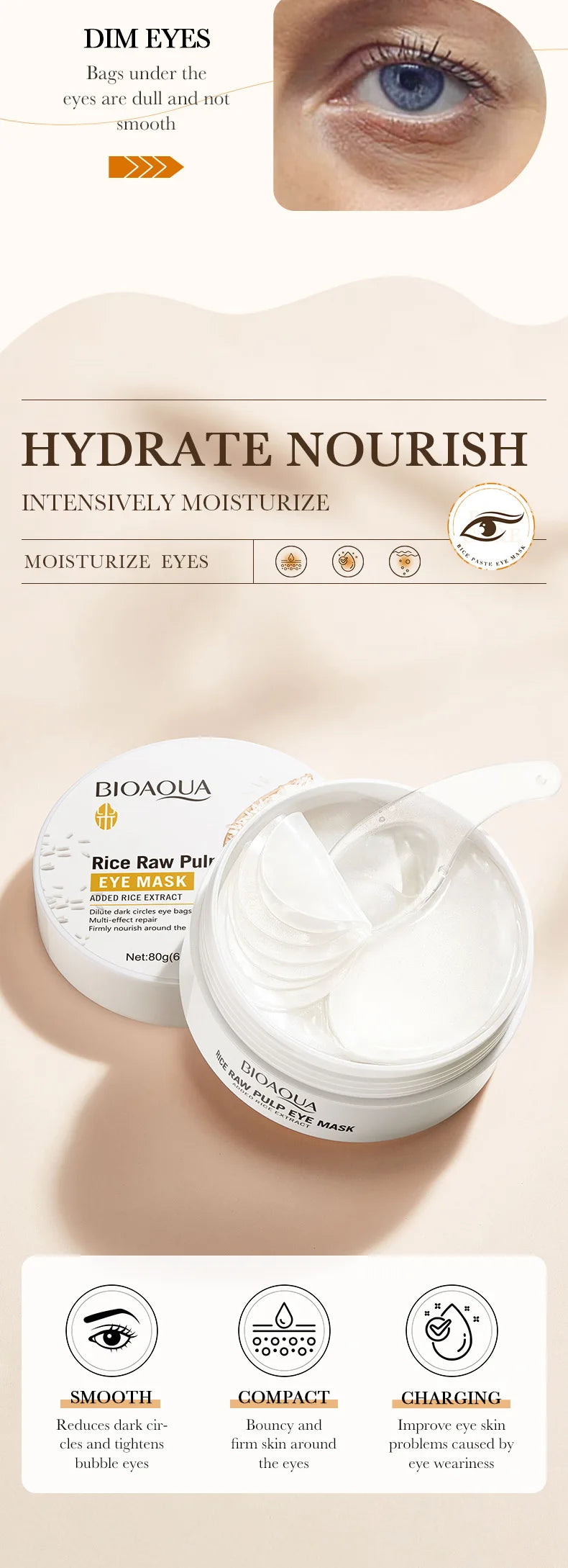 60pcs BIOAQUA White Rice Collagen Eye Mask Anti Dark Circles Eyes Bags Remover Firming Moisturizing Eye Patches Skin Care
