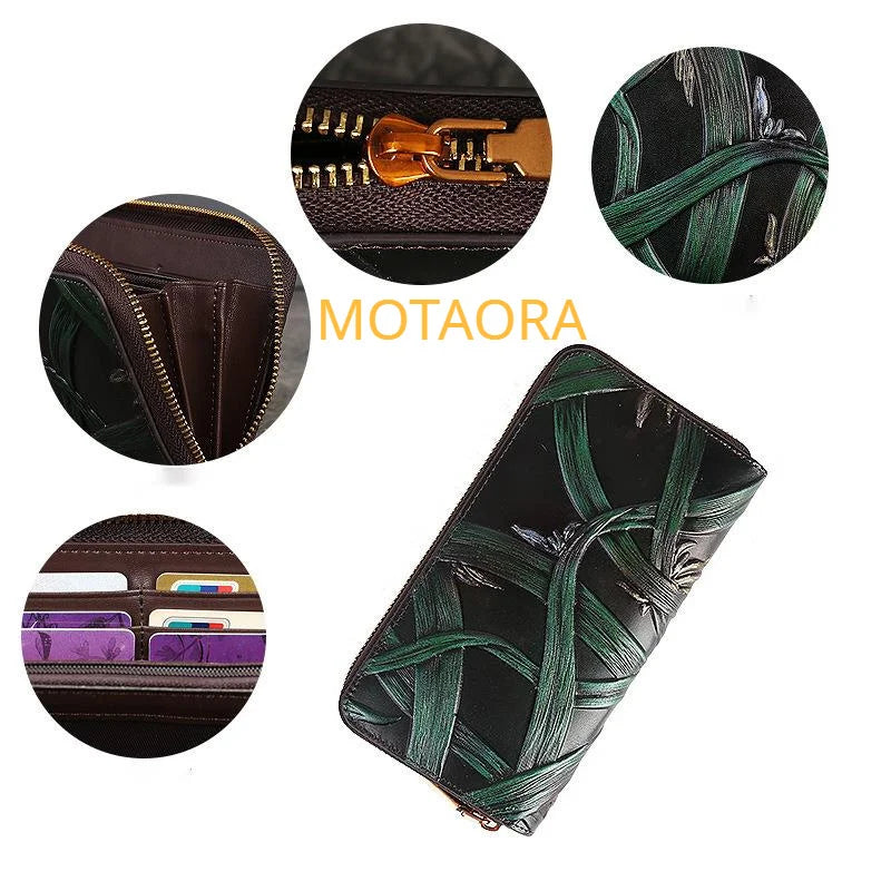 MOTAORA Women's Wallet 2025 New Vintage Handmade Embossed Genuine Leather Card Wallets Holder For Women Cowhide Long Purses Bag