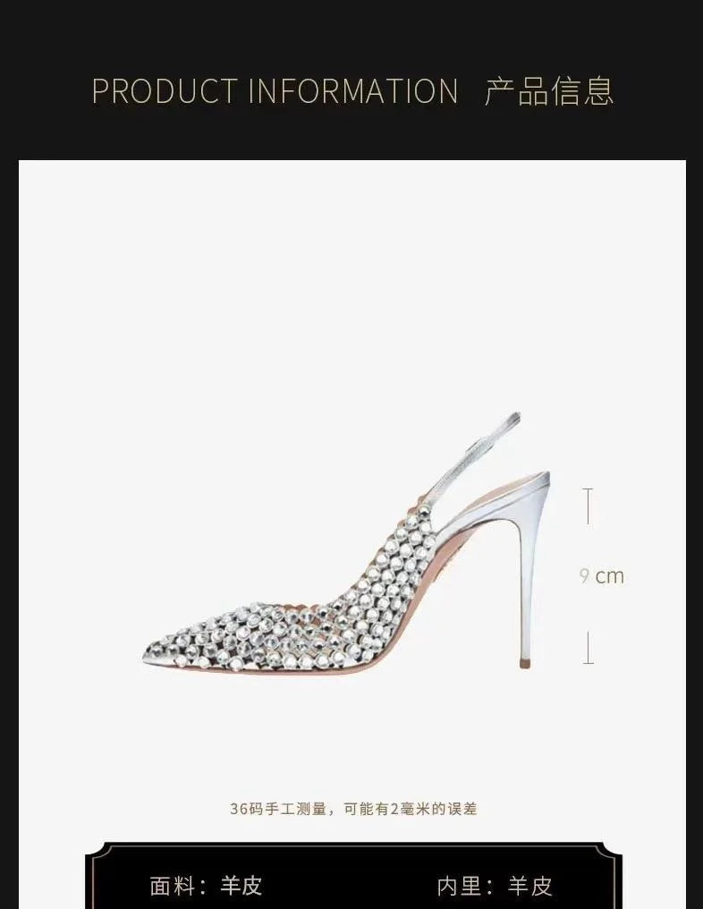 Silver Water Drop Shiny Diamond Slingback Sandals Girls Luxury Party Pointed Stilettos Gold Leather Cover Heels Shoes