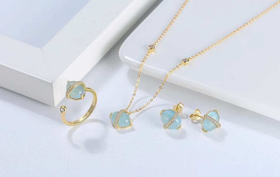 ORSA JEWELS 925 Sterling Silver Natural Aquamarine Earrings Necklace Ring Set 14K Gold Plated for Women Jewelry Sets Gift SSGM04