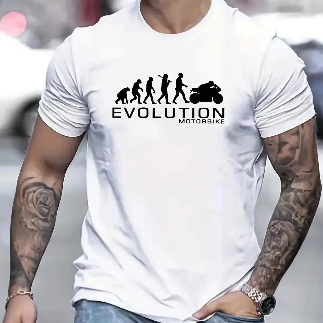 🏍️ Men’s Summer 100% Cotton Casual T-Shirt,Evolution Motorcycle Print | Loose Fit | Round Neck | Breathable Comfort