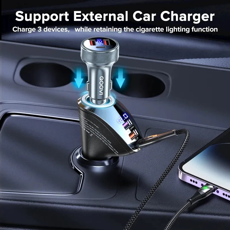 QOOVI 150W 4-Ports Car Charger USB Type C Super Fast Charging PD 4.0 Cigarette Lighter Socket For iPhone Xiaomi Samsung Huawei