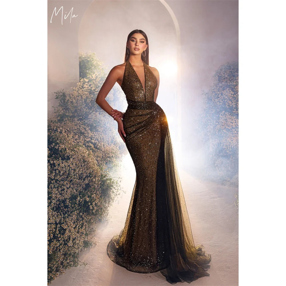 Mila Halter Neck Prom Dresses Sleeveless Beaded Customized Luxurious Women Evening Dresses Elegant Mermaid vestidos de fiesta