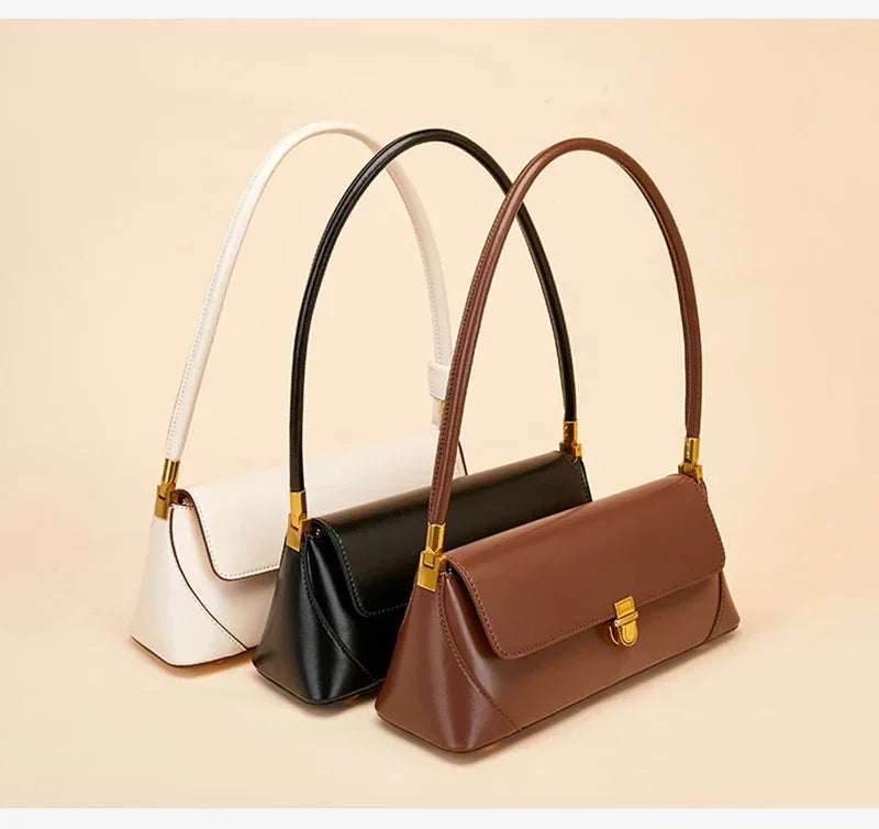 Women Genuine Leather Shoulder Bag – Soft Cowhide Baguette in Black, White, or Coffee
