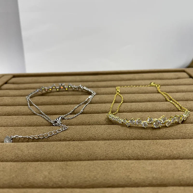 Lnngy Moissanite Bracelet With Certificate 925 Sterling Silver Adjustable Double Chain Bracelets for Women Wedding Jewelry Gift