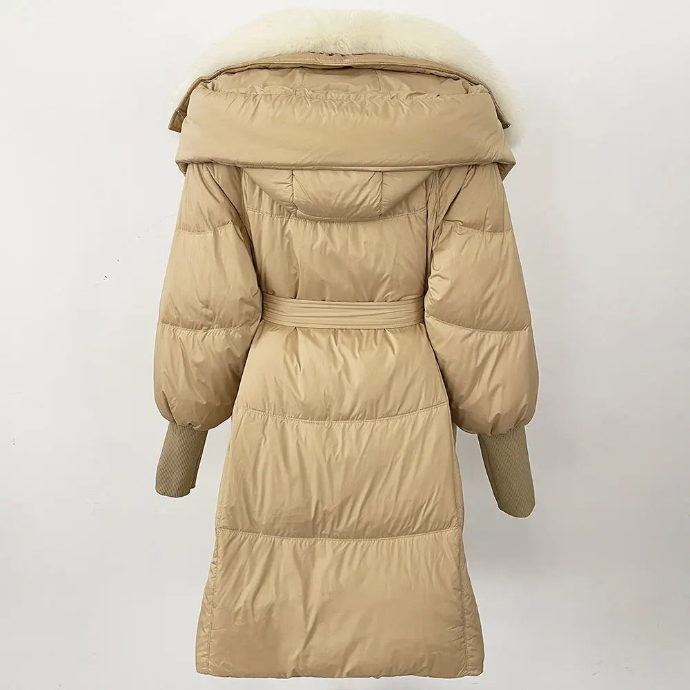 2025 Autumn Winter Women Coat Real Natural Fox Fur Long Down Jacket Thick Warm Casual Hooded White Duck Down Elegant Overwears
