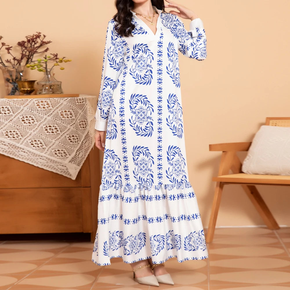 Rafiah Summer Dress 2025 Full Print Women's Elegant Long Sleeve V-Neck A-Line Maxi Dating Arabian Dress
