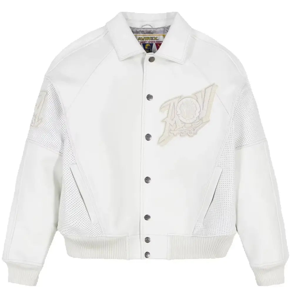 AVIREX Spring 2025 New ListingGold Club chenille embroidery100% antique European lamb leather jacket men's white leather coat
