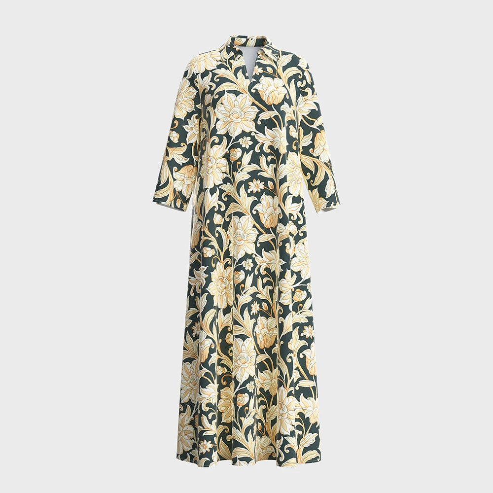 Rafiah Women's Dresses Summer Elegant 2025 Floral Modest Fashion Long Sleeve Shirt Collar A-Line Midi Vacation Long Dresses