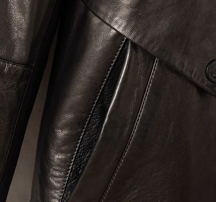 Men Luxury Business Winter Work Mid Long Thick Warm Down Coat Fur Collar Single Breasted Sheepskin Genuine Leather Jacket Trench