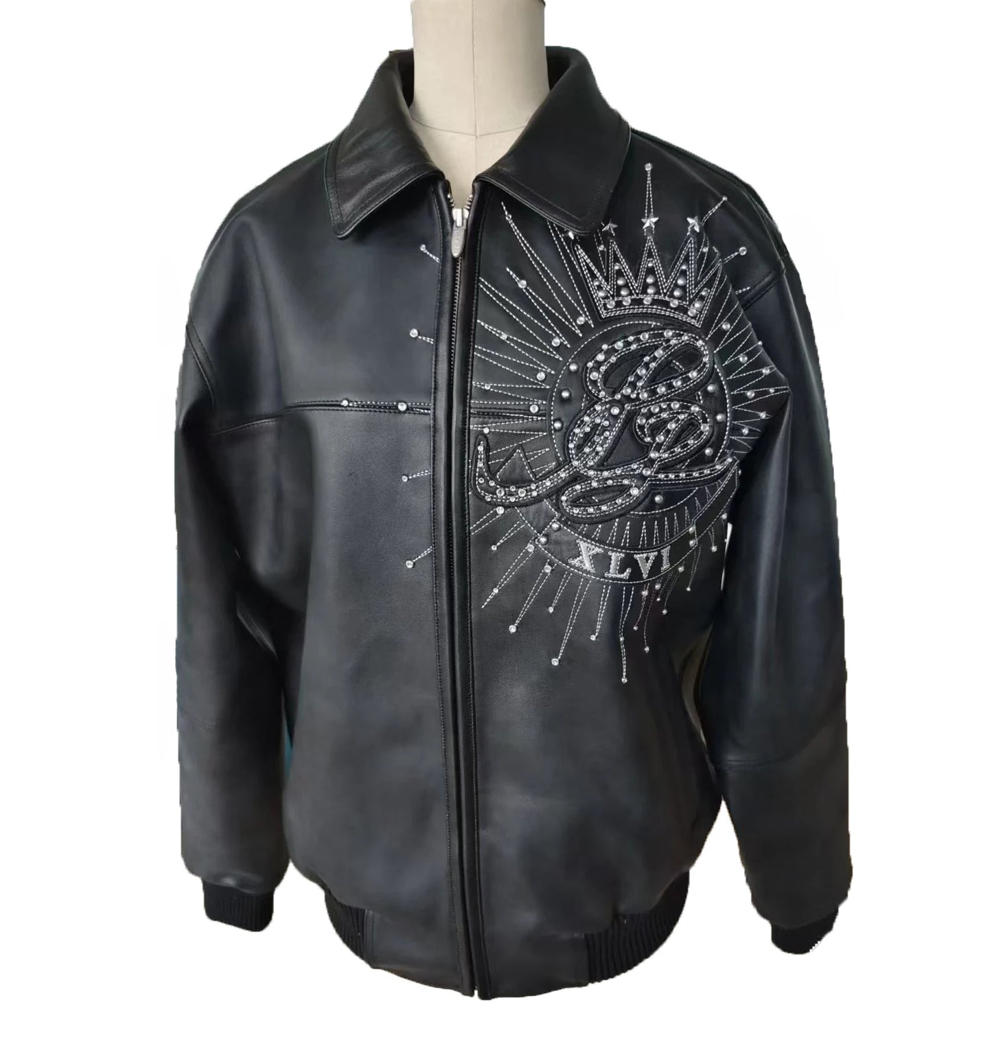 US size men's Hip Hop Sheep skin Varsity Jacket Embroidered Diamond Classic Casual Sport genuine leather Coat tops