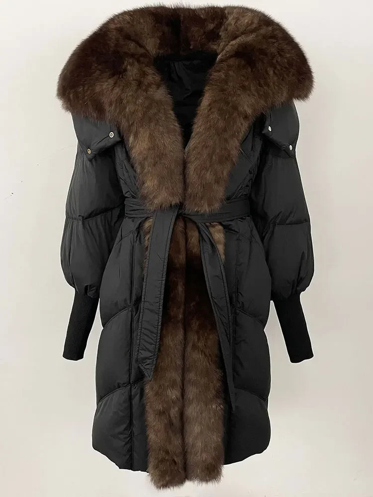 2025 Autumn Winter Women Coat Real Natural Fox Fur Long Down Jacket Thick Warm Casual Hooded White Duck Down Elegant Overwears