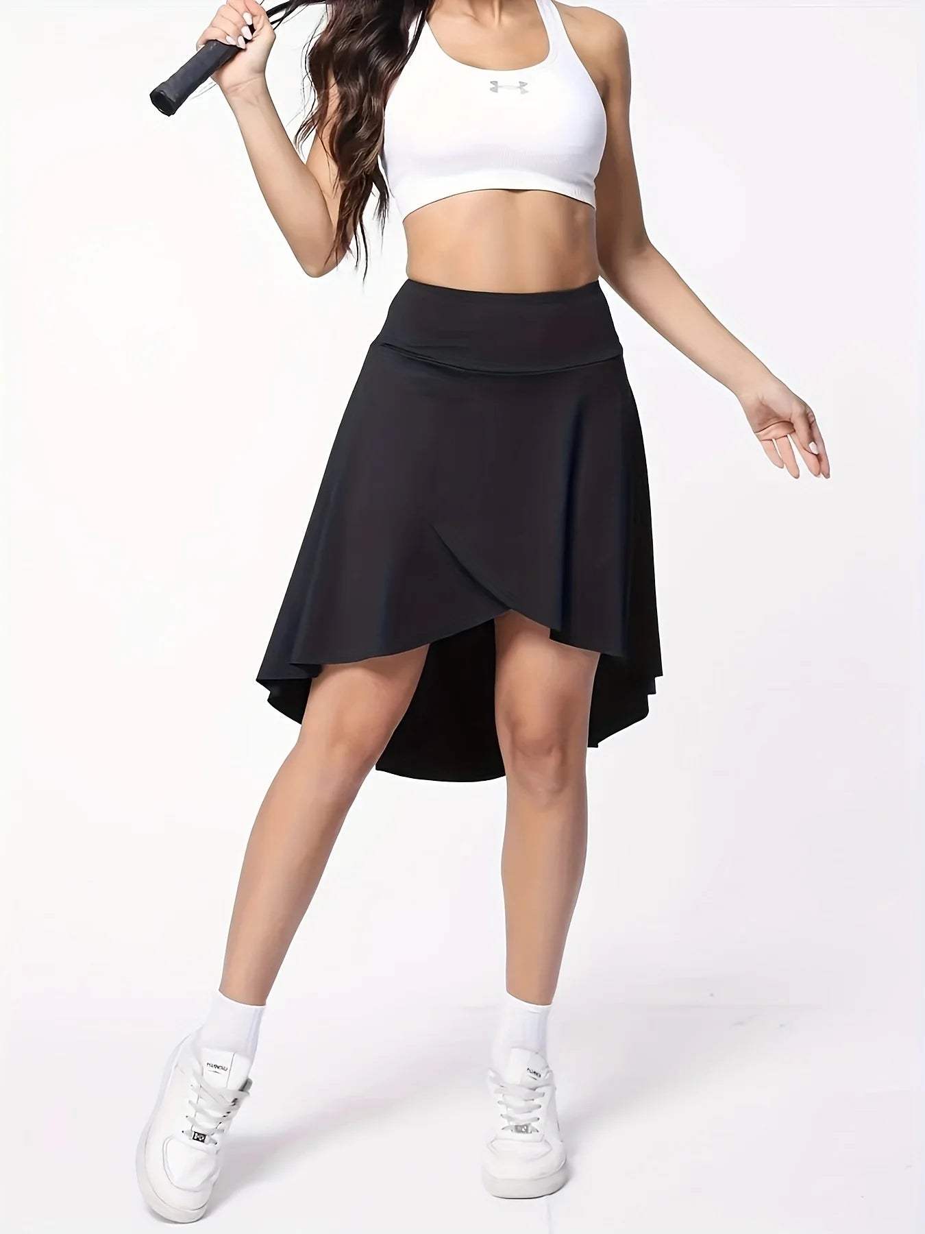 Women's summer high waisted long sports short skirt with shorts, asymmetrical hem, side slit, and pockets