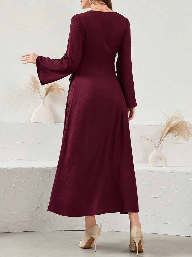 Rafiah Ramadan Emirati Lace-Up Long Sleeve Elegant Dress Crystal and Sequin Embellishments in Sober Burgundy for Women