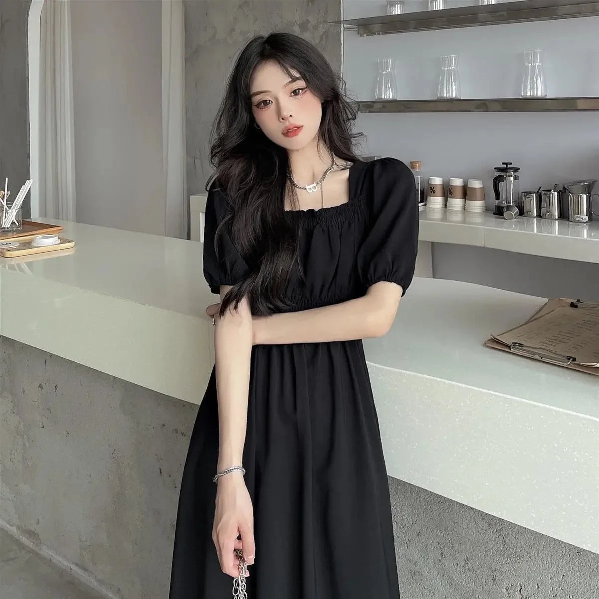 Sweet Retro Hepburn Sle Square Collar Dr Waist-Cinching Long Bla Dr Initial Love Tea Break Faionable Summer Dr