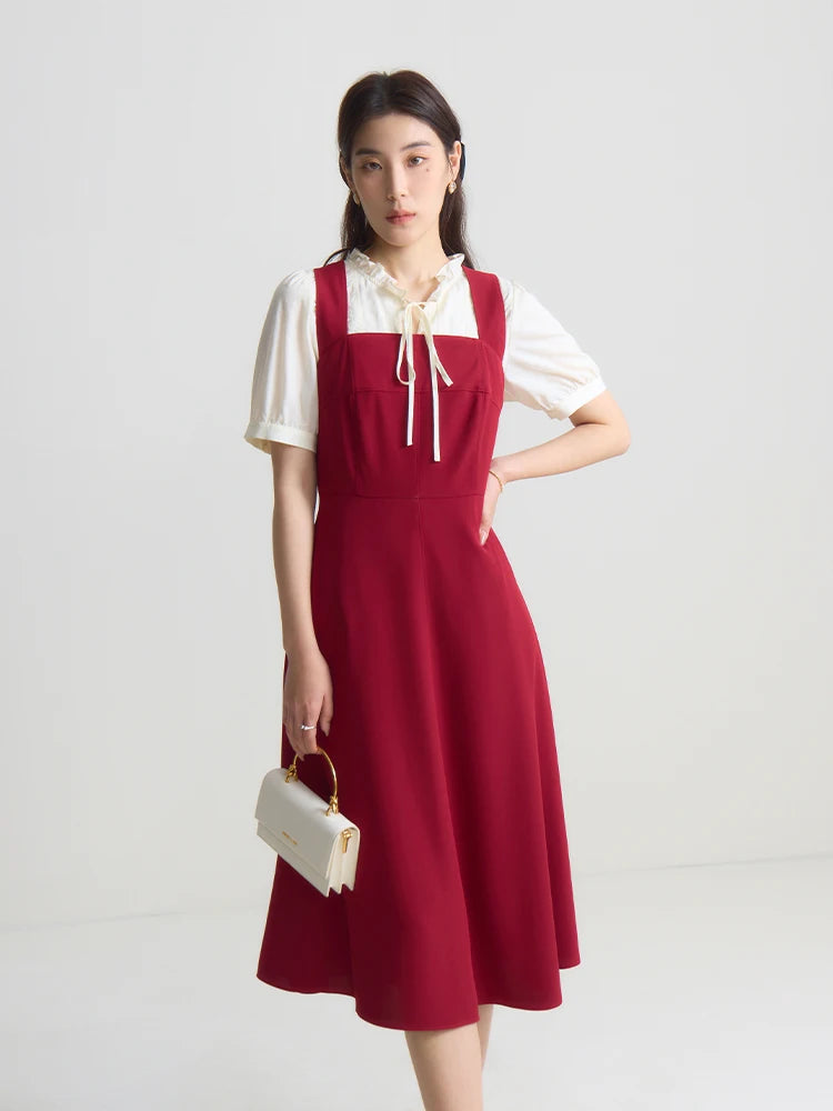 DUSHU French Style Suspender Dress for Women Summer Chic Style Red Square Collar Slim Mid-length Elegant Dress Female 24DS82114