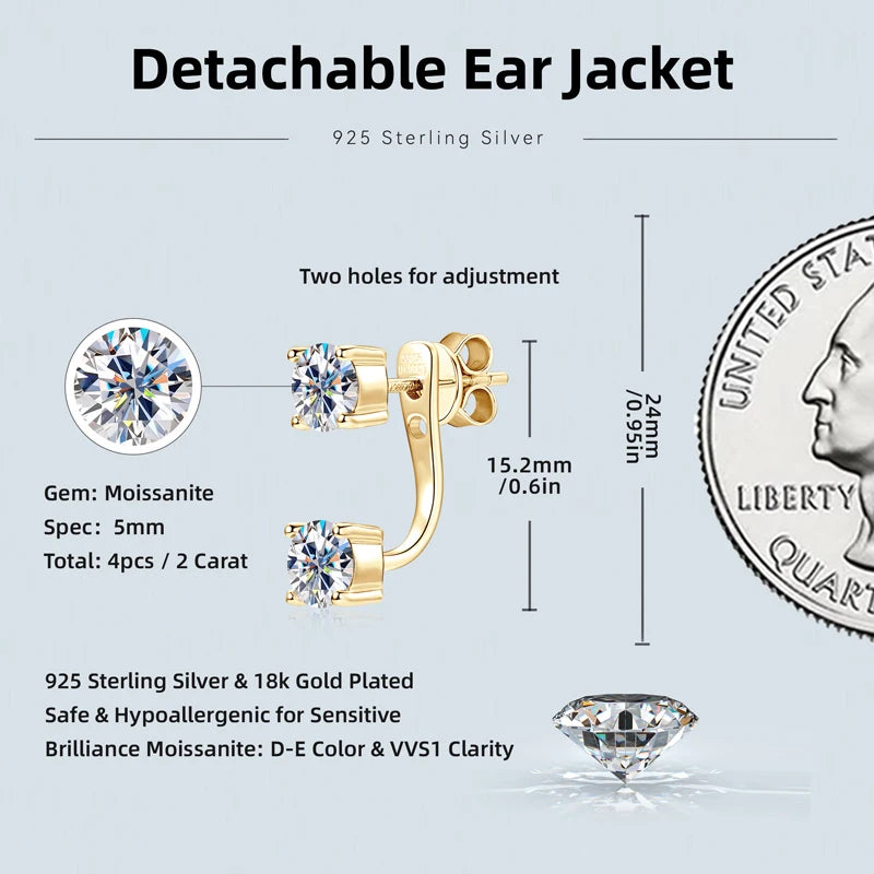 Lnngy Front Back Double Sided Moissanite Stud Earring Pendientes Plata 925 Sterling Silver Earrings For Women 2 in 1 Ear Jewelry