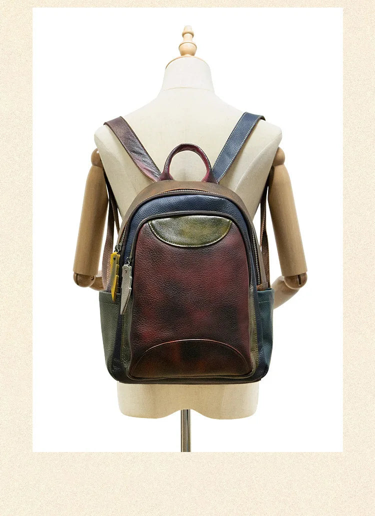 MOTAORA 2025 Soft Cowhide Leather Backpack Large Capacity Two-Tone Spliced Hand Painted College Student Travel Hiking Casual Bag