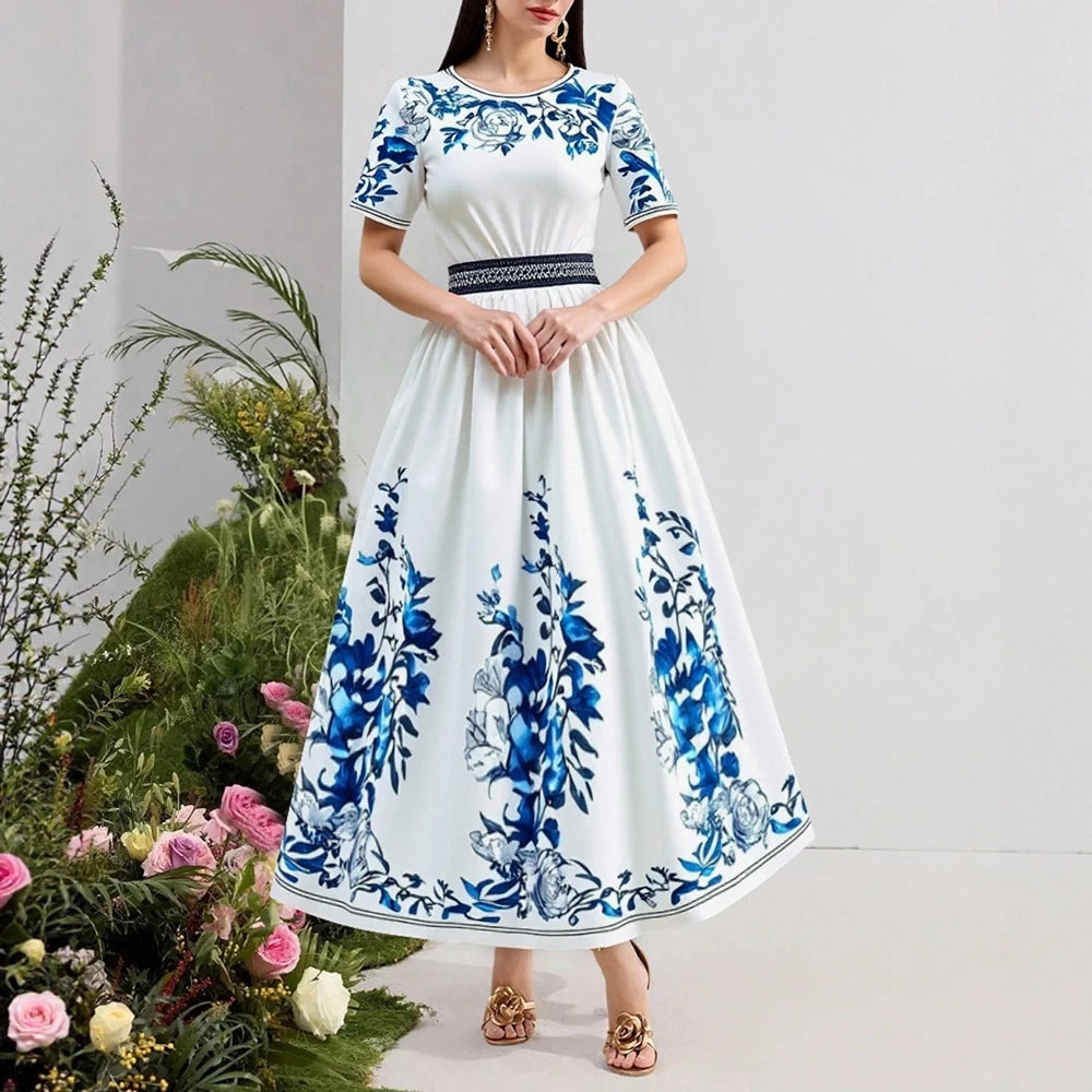 Rafiah Women's Arabian Dress Spring Summer Fashion Floral Short Sleeve Round-Neck A-Line Arabian Dress For Women