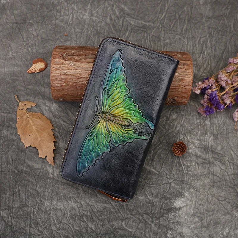 MOTAORA Ladies Retro Butterfly Embossed Wallet Women's Genuine Leather Zipper Pouch Female Cowhide Card Holder Girls Long Purse