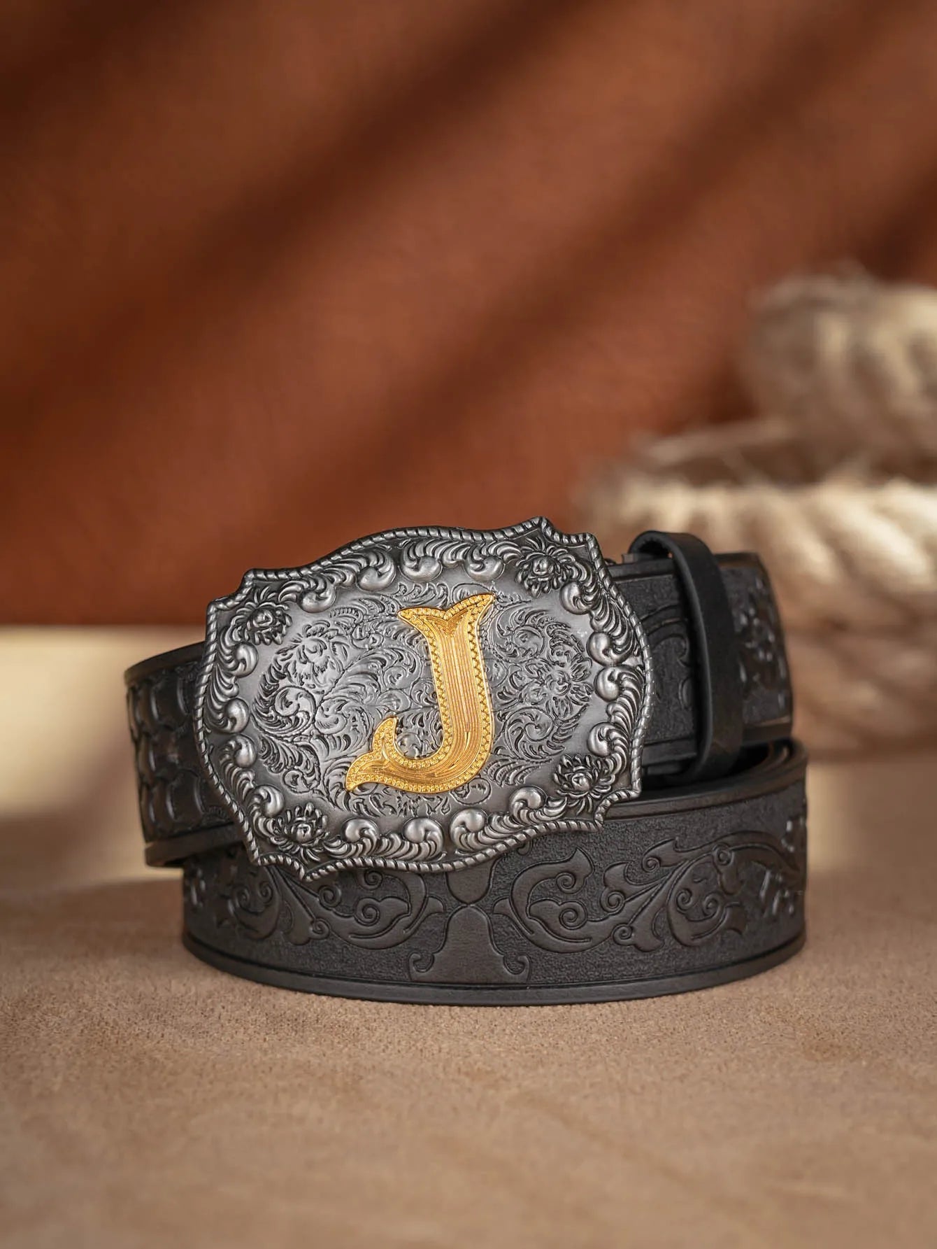 Western Cowboy PU Leather Belt - Men Waist Strap Bull Decoration Floral Engraved for Jeans