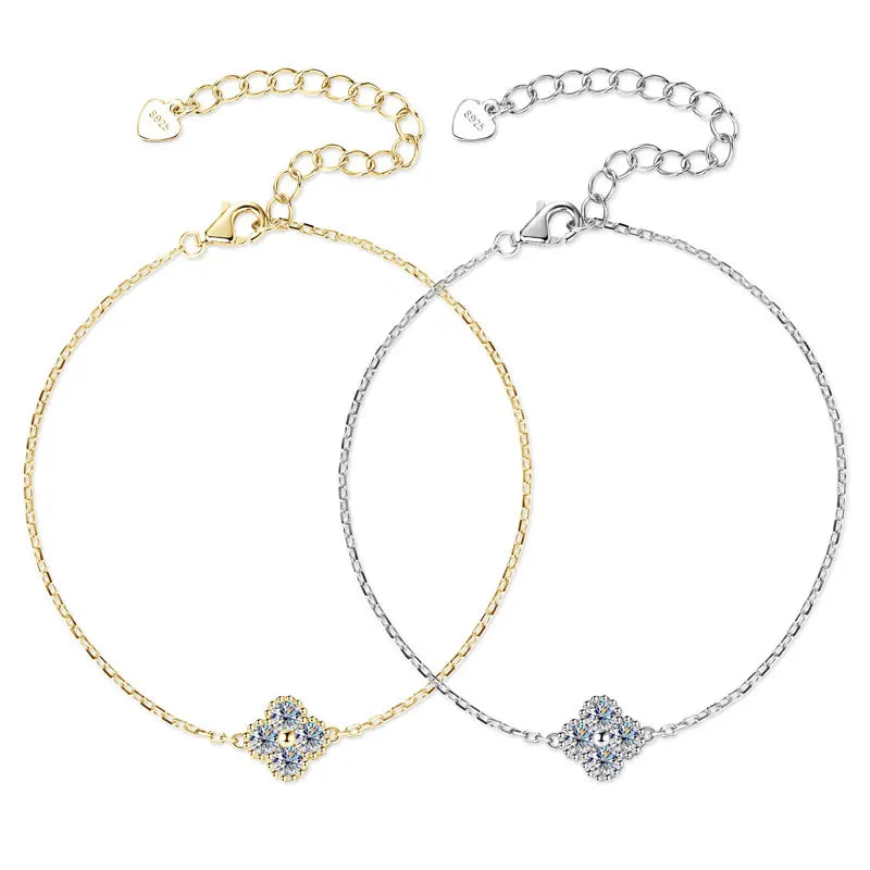 RAPRGOLD GRA Moissanite Four Clover Flower Charm Pendant Necklace Bracelet Set for Women S925 Sterling Silver Fine Jewelry Gifts