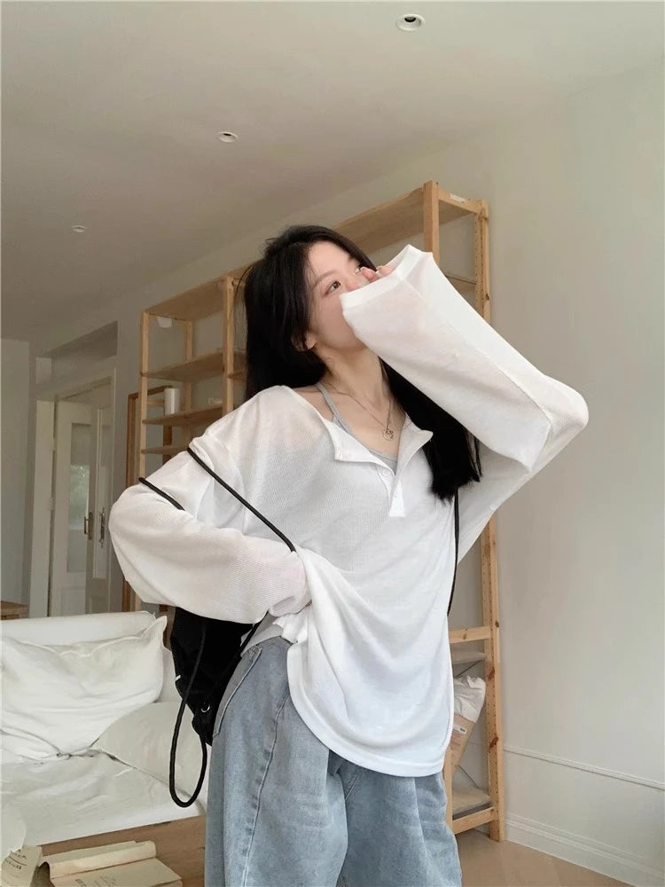 Ladies Casual V-Ne Long Sve T-irt Cover up White Loose Slimming Knitted Wear Summer Inner Top Comfortable Sle