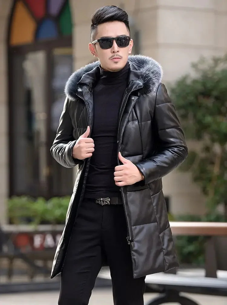 Down Jacket Genuine Leather Jacket Men's Mid Length Slim Fit Hooded Sheepskin Coat Man Puffer Jacket Winter Thicken Windbreaker