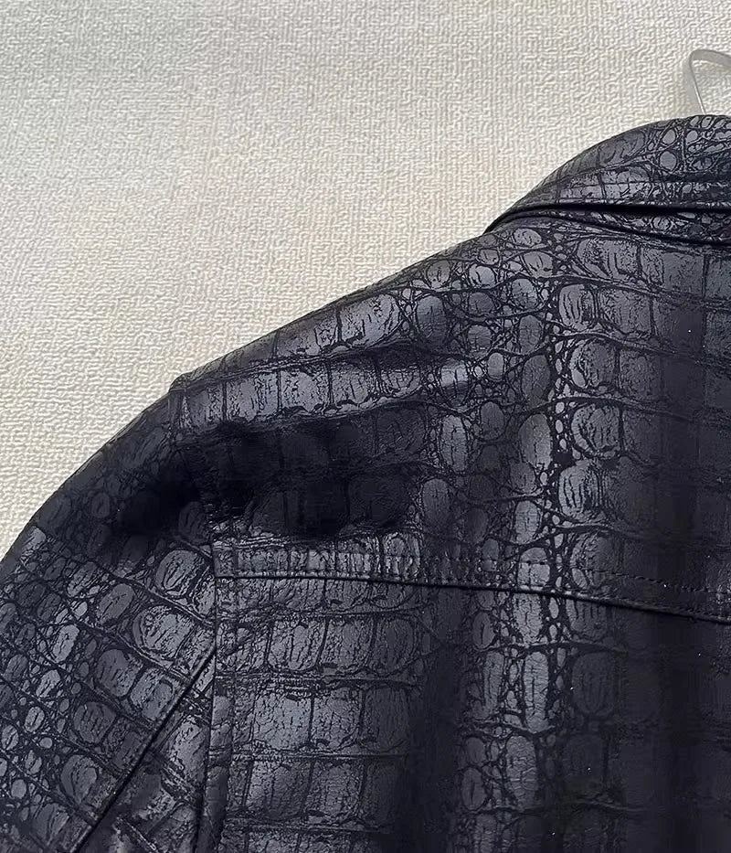 Soft Alligator Pattern Sheepskin Genuine Leather Jacket Men Slim Fit Single Breasted Business Casual Work Natural Leather Tops