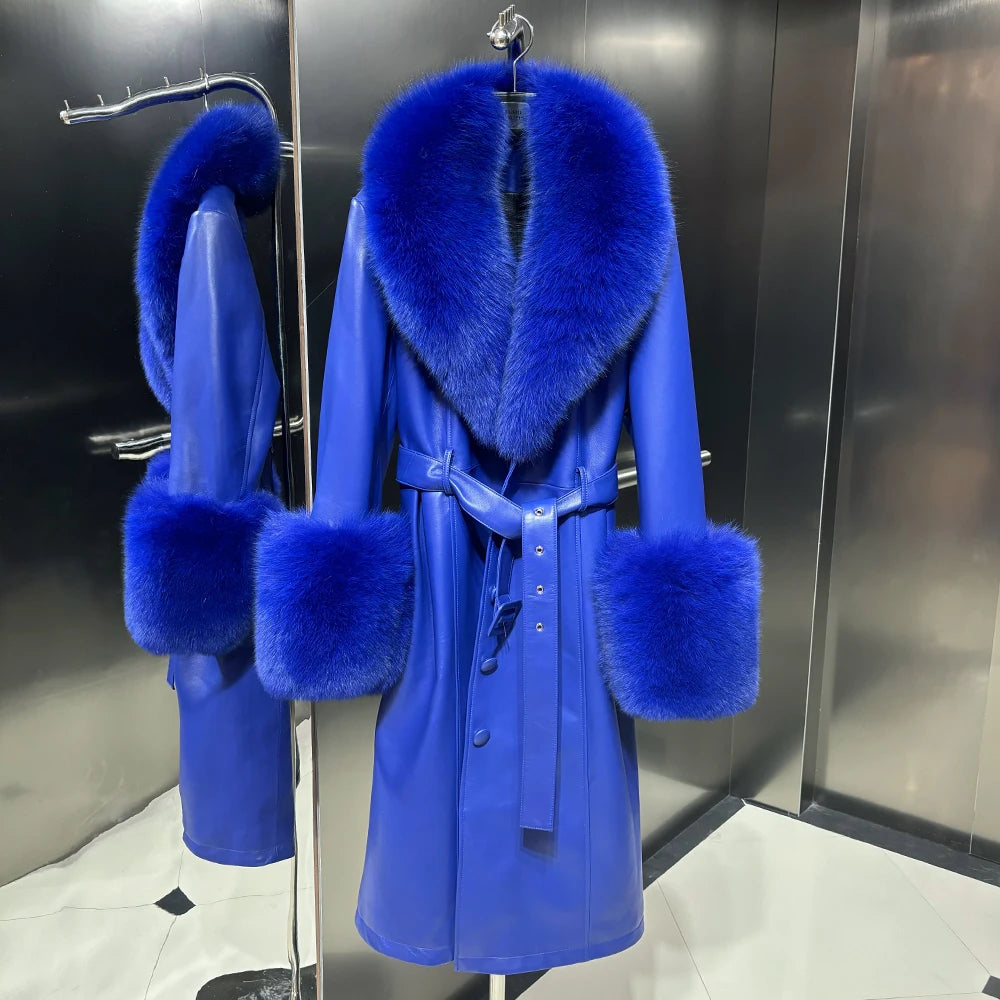 Black Leather Jacket With Fox Fur Collar Real Sheepskin Long Leather Jackets Leather Jacket Women 2025 Winter